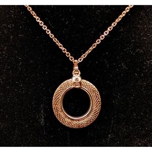 PMA Gold Tone Mesh Circle Pendant Necklace Rhinestone Accent 16 Inch Chain